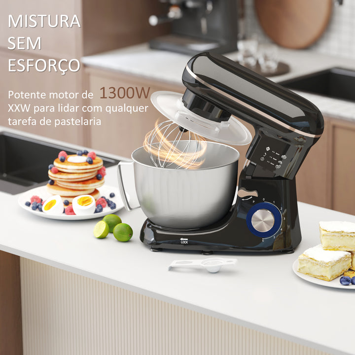 Batedeira 133W 4,5L Batedeira para Amassar Pão Confeitária com 6 Velocidades Tigela de Aço Inoxidável Ganchos e Proteção Tampa Anti-Respingos 35x22x29 cm Preto