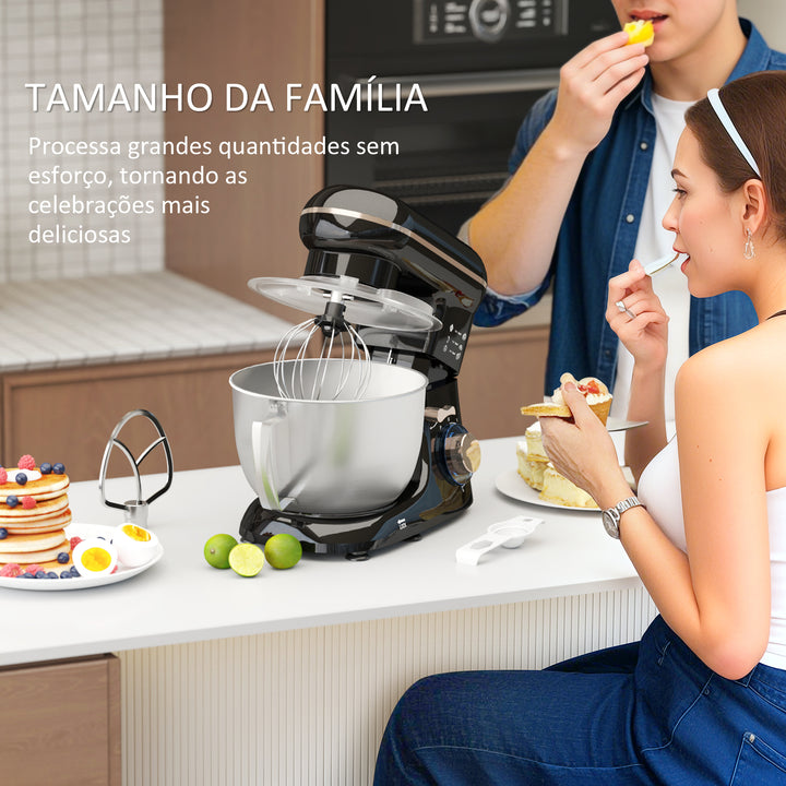 Batedeira 133W 4,5L Batedeira para Amassar Pão Confeitária com 6 Velocidades Tigela de Aço Inoxidável Ganchos e Proteção Tampa Anti-Respingos 35x22x29 cm Preto