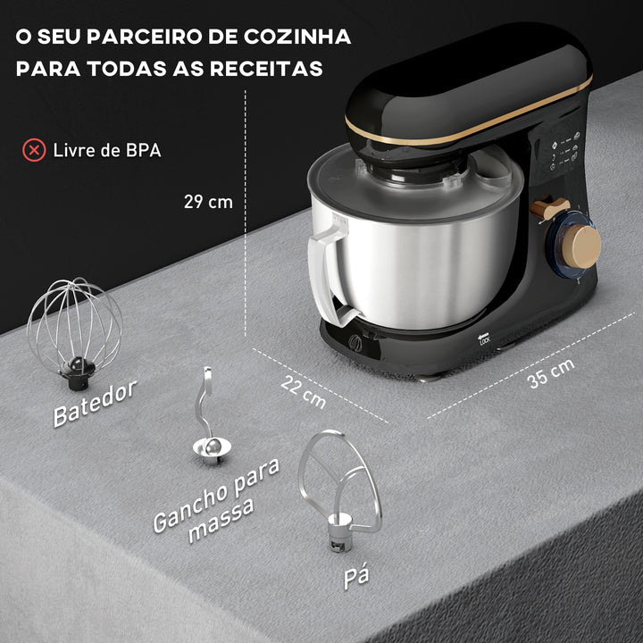 Batedeira 133W 4,5L Batedeira para Amassar Pão Confeitária com 6 Velocidades Tigela de Aço Inoxidável Ganchos e Proteção Tampa Anti-Respingos 35x22x29 cm Preto