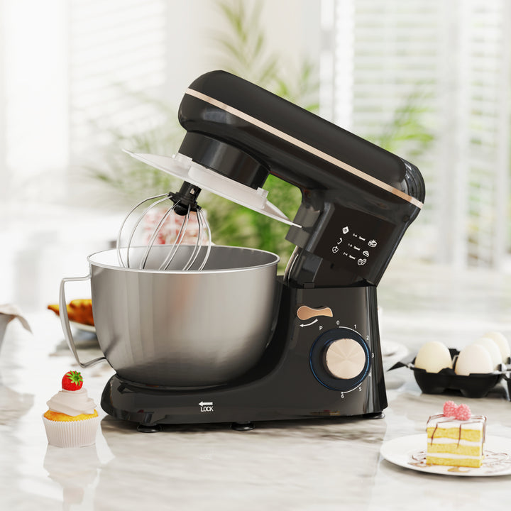 Batedeira 133W 4,5L Batedeira para Amassar Pão Confeitária com 6 Velocidades Tigela de Aço Inoxidável Ganchos e Proteção Tampa Anti-Respingos 35x22x29 cm Preto