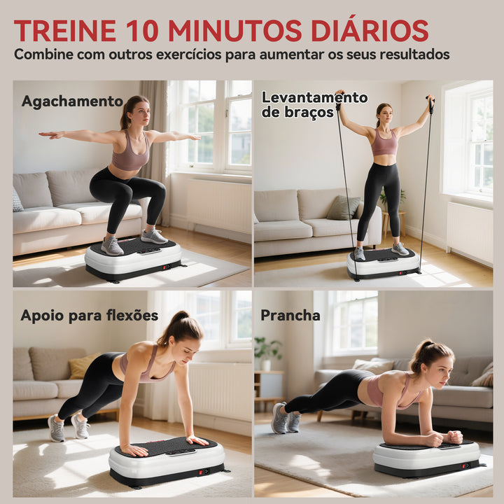Plataforma Vibratória 50 Velocidades 3 Programas Plataforma de Vibração Muscular com Ecrã LED com Controlo Remoto Bandas Elásticas para Treino Corporal Completo 52x34x14 cm Preto e Branco