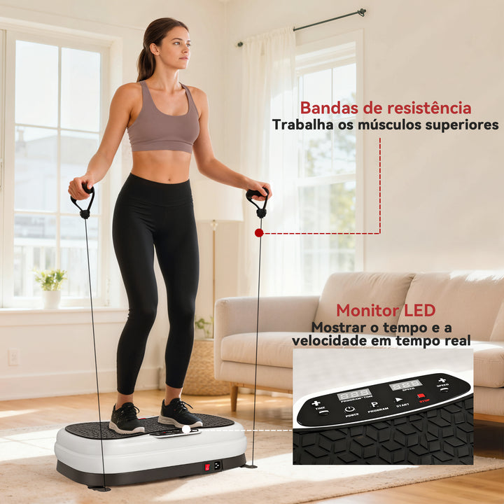 Plataforma Vibratória 50 Velocidades 3 Programas Plataforma de Vibração Muscular com Ecrã LED com Controlo Remoto Bandas Elásticas para Treino Corporal Completo 52x34x14 cm Preto e Branco