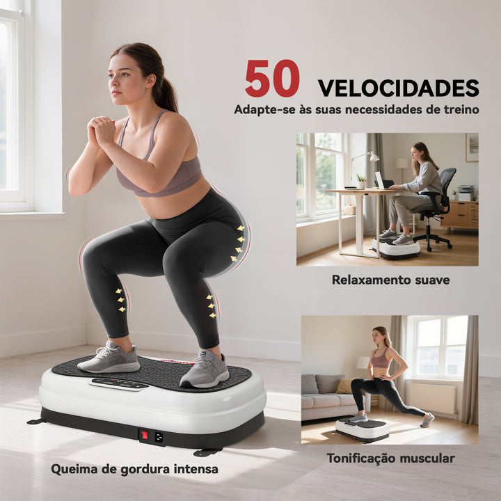 Plataforma Vibratória 50 Velocidades 3 Programas Plataforma de Vibração Muscular com Ecrã LED com Controlo Remoto Bandas Elásticas para Treino Corporal Completo 52x34x14 cm Preto e Branco