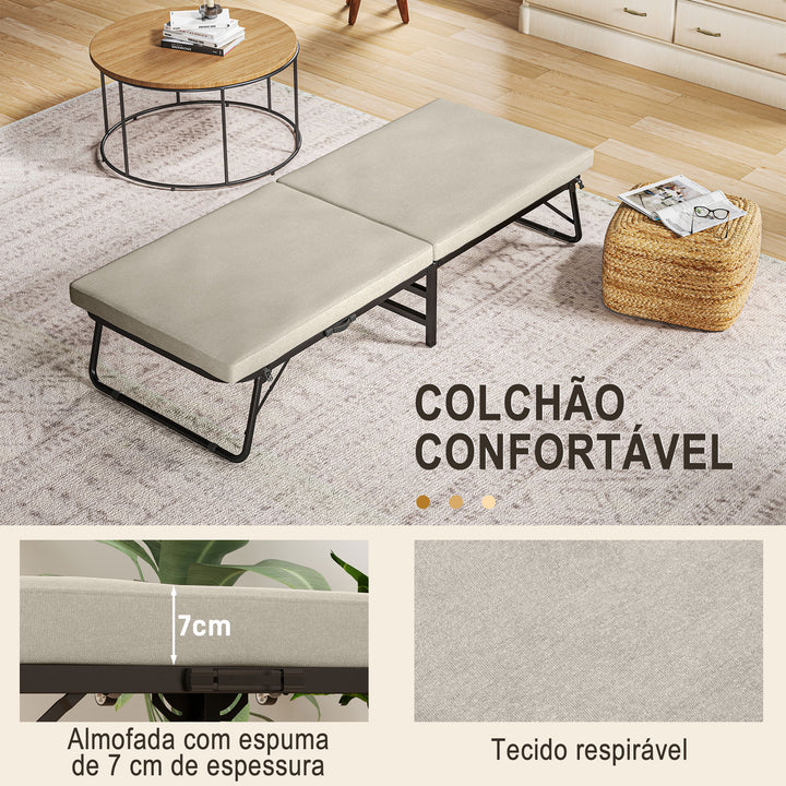 Cama Dobrável 70x180 cm com Colchão de Espuma Cama Dobrável com Encosto Ajustável em 5 Posições e Rodas Cama para Convidados Carga 120 kg