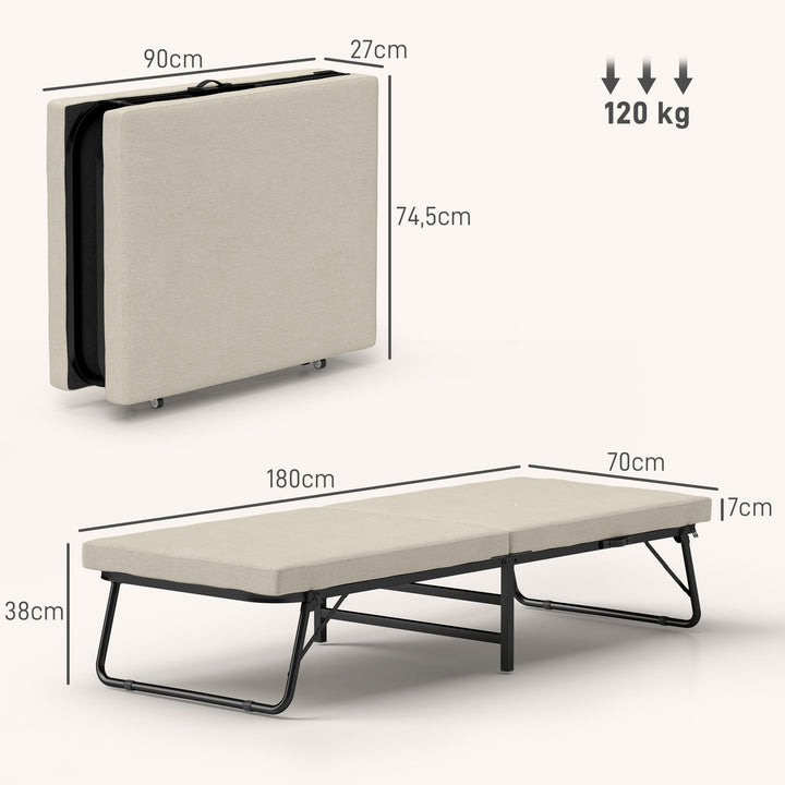 Cama Dobrável 70x180 cm com Colchão de Espuma Cama Dobrável com Encosto Ajustável em 5 Posições e Rodas Cama para Convidados Carga 120 kg