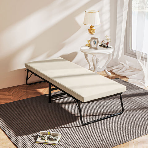 Cama Dobrável 70x180 cm com Colchão de Espuma Cama Dobrável com Encosto Ajustável em 5 Posições e Rodas Cama para Convidados Carga 120 kg