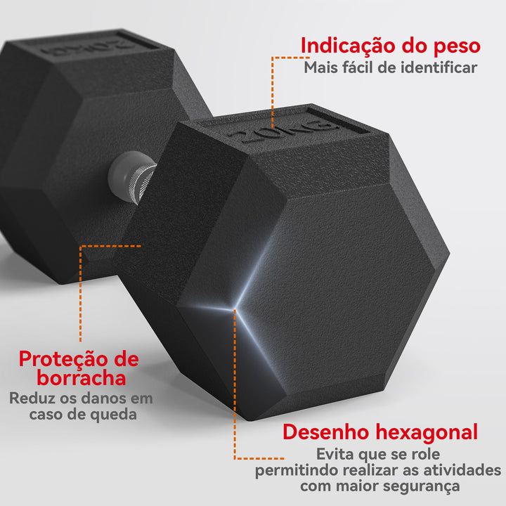 Haltere Hexagonal 20 kg de Ferro Fundido Haltere de Metal Revestido de Borracha com Cabo para Treino em Casa Ginásio e Escritório Preto e Prata