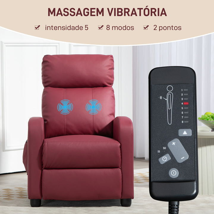 Poltrona de Massagem Poltrona Relax Reclinável com 2 Zonas de Massagem 8 Programas 5 Níveis de Intensidade e Controlo Remoto Estofada em PU 68x88x98 cm Borgonha