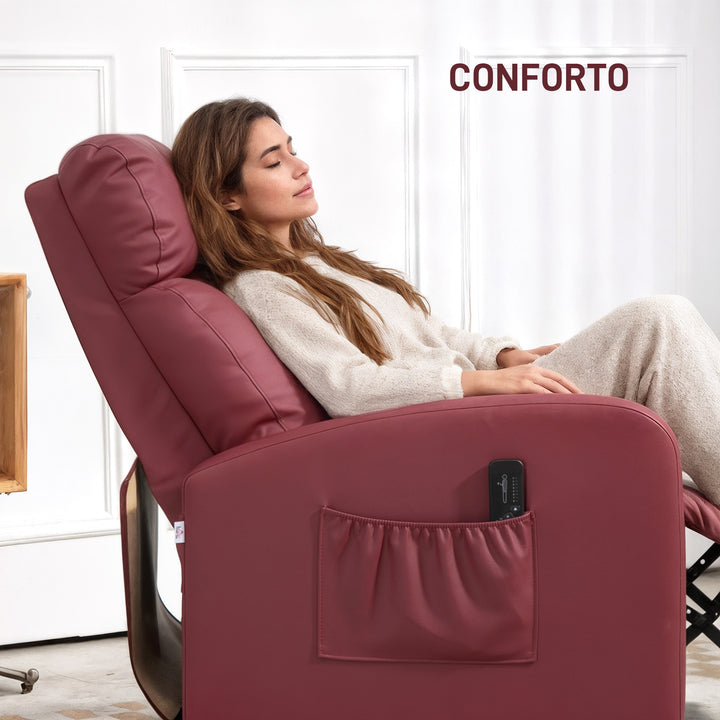 Poltrona de Massagem Poltrona Relax Reclinável com 2 Zonas de Massagem 8 Programas 5 Níveis de Intensidade e Controlo Remoto Estofada em PU 68x88x98 cm Borgonha