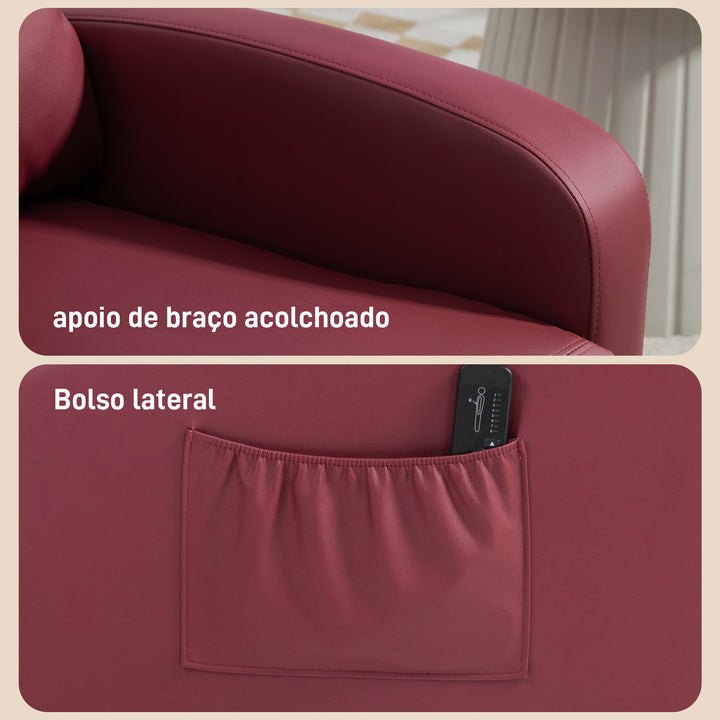 Poltrona de Massagem Poltrona Relax Reclinável com 2 Zonas de Massagem 8 Programas 5 Níveis de Intensidade e Controlo Remoto Estofada em PU 68x88x98 cm Borgonha