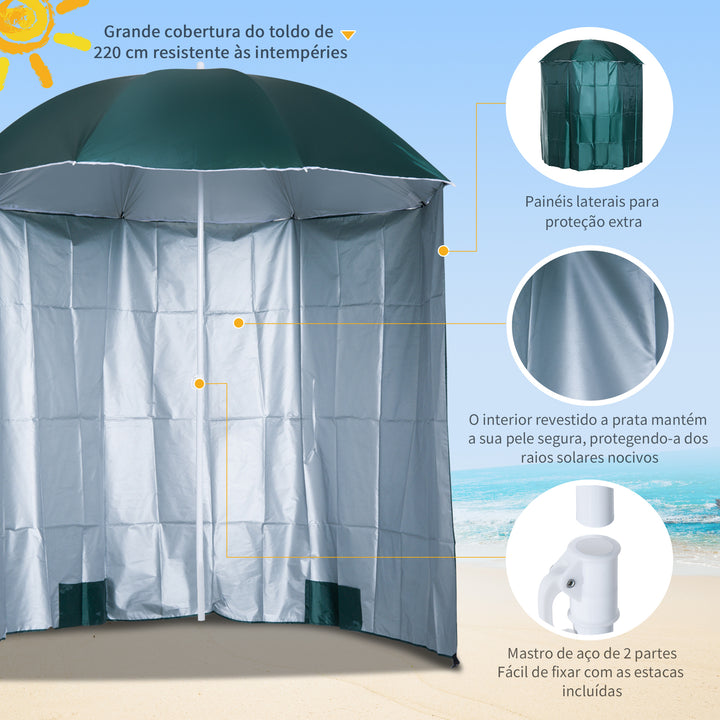 Chapéu de Sol de Praia com Painel Lateral Ø220x220 cm Chapéu de Sol com Manivela Manual 8 Hastes de Aço e Bolsa de Transporte para Jardim Piscina Verde