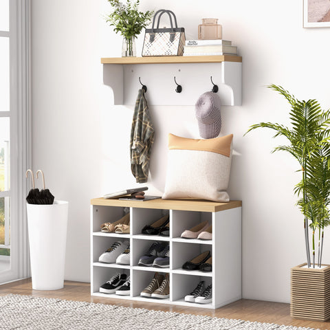 Móvel Cabide de Entrada com Banco Sapateira 2 em 1 Móveis de Entrada com 3 Ganchos e Prateleiras para 9 Pares de Sapatos 75x30x50 cm e 75x20x22,5 cm Branco