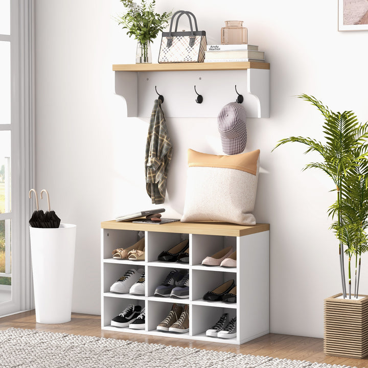 Móvel Cabide de Entrada com Banco Sapateira 2 em 1 Móveis de Entrada com 3 Ganchos e Prateleiras para 9 Pares de Sapatos 75x30x50 cm e 75x20x22,5 cm Branco