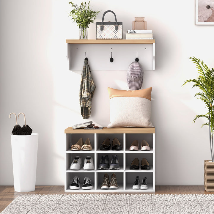 Móvel Cabide de Entrada com Banco Sapateira 2 em 1 Móveis de Entrada com 3 Ganchos e Prateleiras para 9 Pares de Sapatos 75x30x50 cm e 75x20x22,5 cm Branco