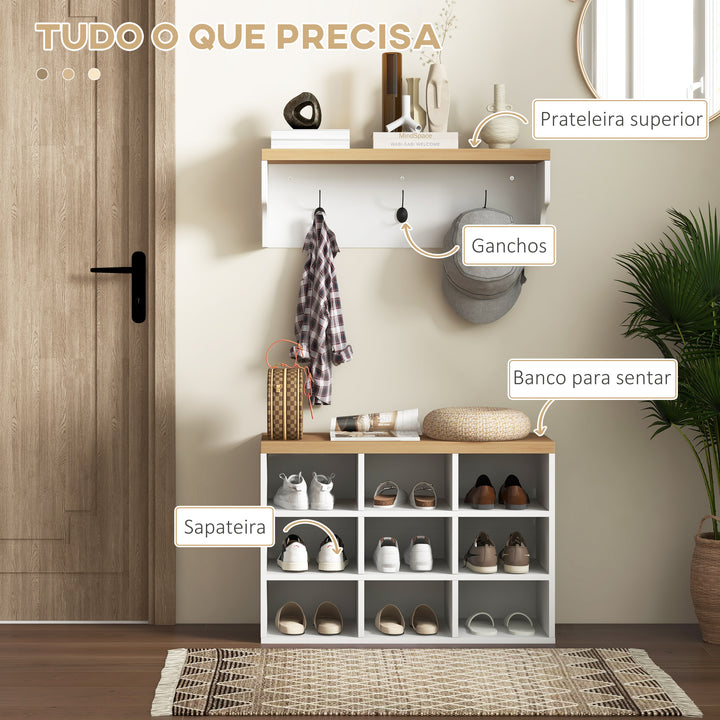Móvel Cabide de Entrada com Banco Sapateira 2 em 1 Móveis de Entrada com 3 Ganchos e Prateleiras para 9 Pares de Sapatos 75x30x50 cm e 75x20x22,5 cm Branco