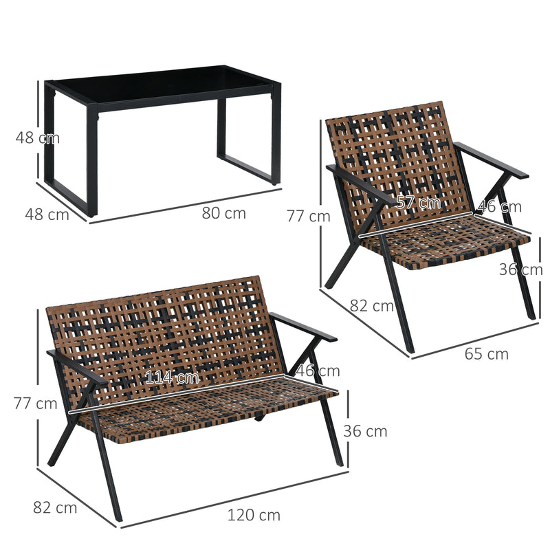 Conjunto de Jardim de 4 Peças em Vime Sintético Móveis de Jardim com 2 Poltronas 1 Sofá de 2 Lugares e 1 Mesa de Vidro Temperado para Terraço Pátio Marrom e Preto