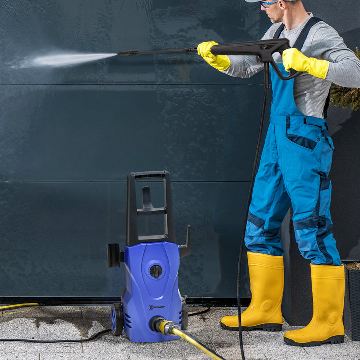 Lavadora de Alta Pressão 1600W Caudal 432 L/h Bomba de Alumínio Pressão de 135 Bar Mangueira de 6 m Inclui Garrafas de Sabão Bocal Escova 32x24x65 cm Azul