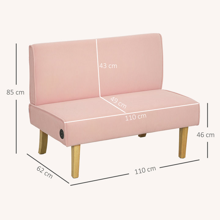 Sofá de 2 Lugares Estofado em Veludo Cotelê Sofá Sala de Estar sem Apoio para os Braços com 2 Entradas USB 1 Entrada Tipo C e Pés de Madeira Sofá Pequeno Carga 240 kg 110x60x85 cm Rosa