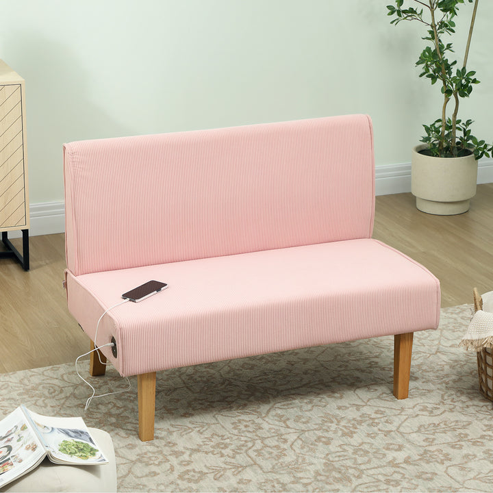 Sofá de 2 Lugares Estofado em Veludo Cotelê Sofá Sala de Estar sem Apoio para os Braços com 2 Entradas USB 1 Entrada Tipo C e Pés de Madeira Sofá Pequeno Carga 240 kg 110x60x85 cm Rosa