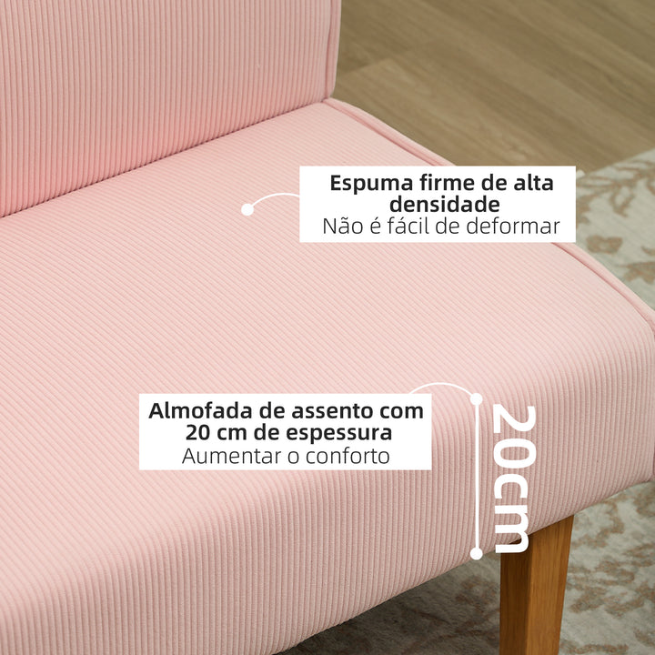 Sofá de 2 Lugares Estofado em Veludo Cotelê Sofá Sala de Estar sem Apoio para os Braços com 2 Entradas USB 1 Entrada Tipo C e Pés de Madeira Sofá Pequeno Carga 240 kg 110x60x85 cm Rosa