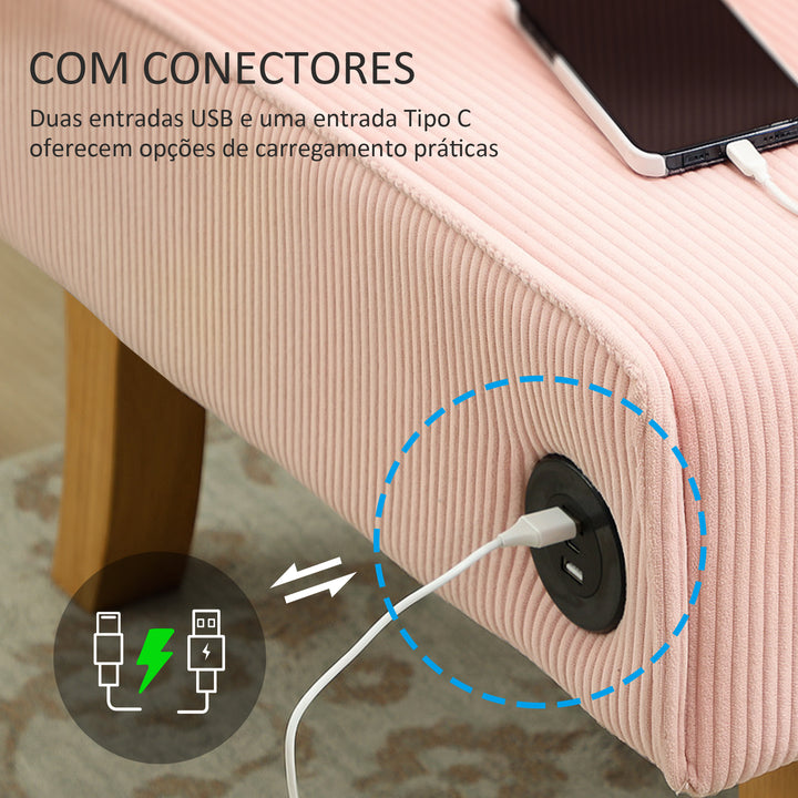 Sofá de 2 Lugares Estofado em Veludo Cotelê Sofá Sala de Estar sem Apoio para os Braços com 2 Entradas USB 1 Entrada Tipo C e Pés de Madeira Sofá Pequeno Carga 240 kg 110x60x85 cm Rosa