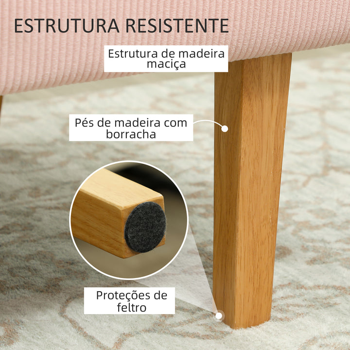 Sofá de 2 Lugares Estofado em Veludo Cotelê Sofá Sala de Estar sem Apoio para os Braços com 2 Entradas USB 1 Entrada Tipo C e Pés de Madeira Sofá Pequeno Carga 240 kg 110x60x85 cm Rosa