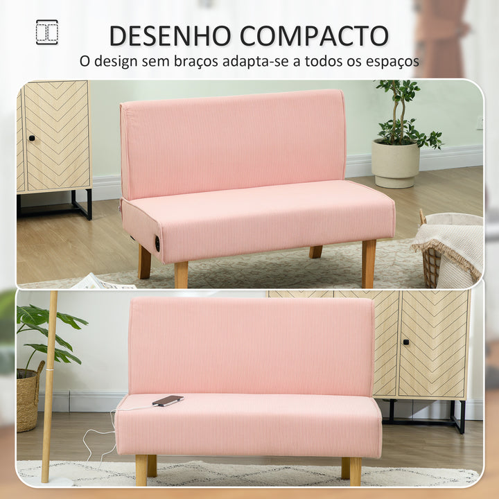 Sofá de 2 Lugares Estofado em Veludo Cotelê Sofá Sala de Estar sem Apoio para os Braços com 2 Entradas USB 1 Entrada Tipo C e Pés de Madeira Sofá Pequeno Carga 240 kg 110x60x85 cm Rosa