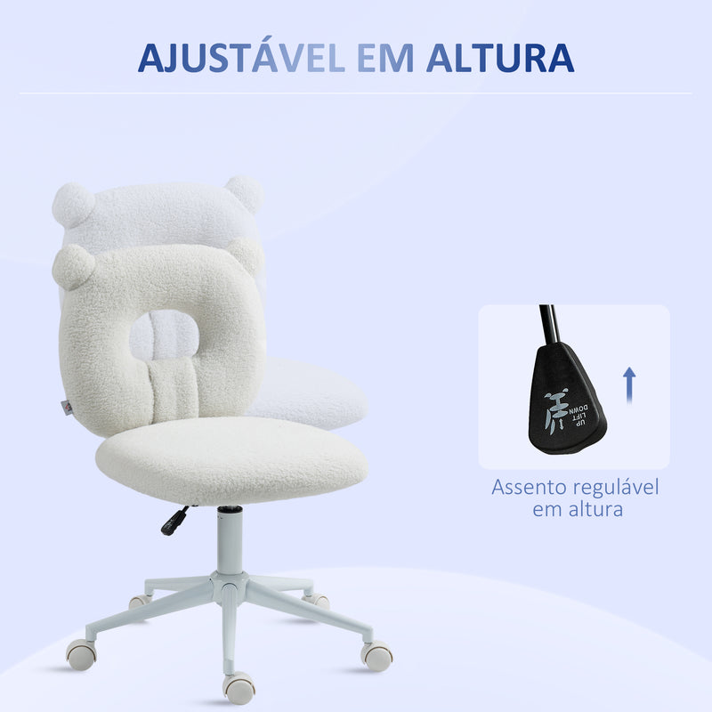 Cadeira de Secretária de Carneirinho Cadeira Infantil Giratória com Assento Ajustável em Altura e Encosto em Forma de Urso Capacidade 120 kg 50x56x80-90 cm Branco