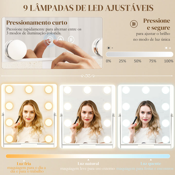 Espelho de Maquilhagem com Luz Espelho de Tocador Giratório com 9 Lâmpadas LED 3 Cores Interruptor Tátil Suporte para Telemóvel e Bandeja Branco