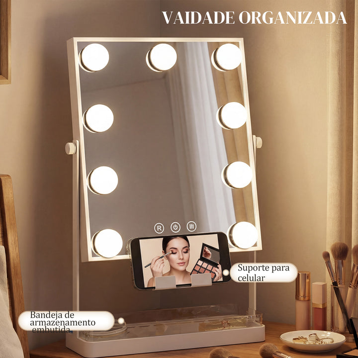 Espelho de Maquilhagem com Luz Espelho de Tocador Giratório com 9 Lâmpadas LED 3 Cores Interruptor Tátil Suporte para Telemóvel e Bandeja Branco