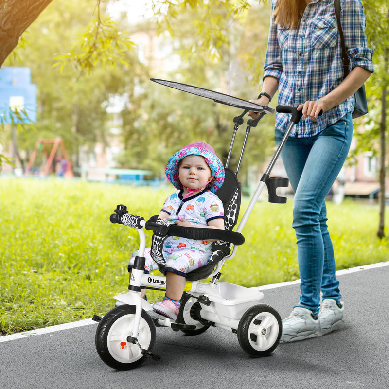 Triciclo para Bebês 2 em 1 Triciclo Evolutivo para Crianças de +12 Meses com Toldo Dobrável Guiador Telescópico e Removível Assento Ajustável Cesto e Suporte para Garrafa Branco