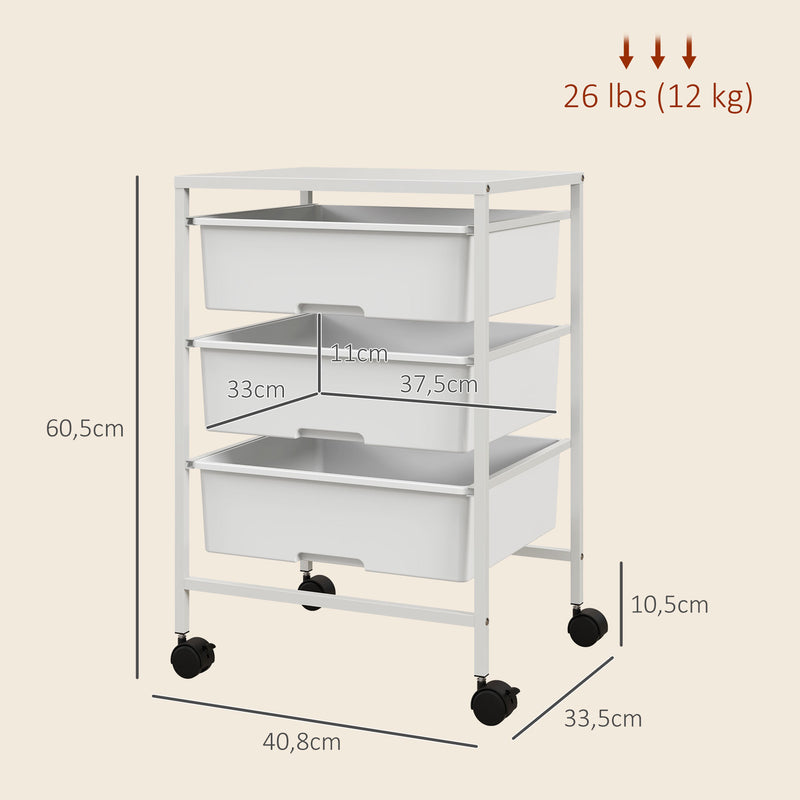 Carrinho Auxiliar com Rodas Carrinho de Cozinha de 3 Níveis com 3 Cestos para Armazenamento e Estrutura de Aço para Sala de Jantar Banheiro 40,8x33,5x60,5 cm Branco