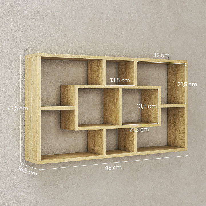 Estante de Parede Decorativa Estante para Livros CDs Prateleiras Flutuantes com 8 Cubos 85x14,5x47,5 cm Carga 20kg para Escritório Estúdio Sala de Estar Carvalho