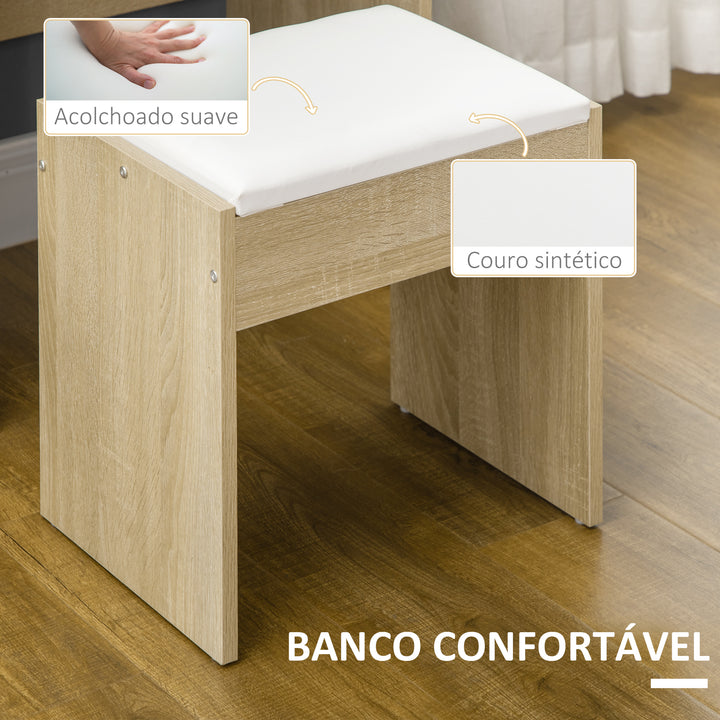 Toucador de Maquilhagem com Banco e Espelho Mesa de Maquilhagem com 4 Gavetas 4 Compartimentos de Armazenamento Estilo Moderno 80x38x143 cm Madeira