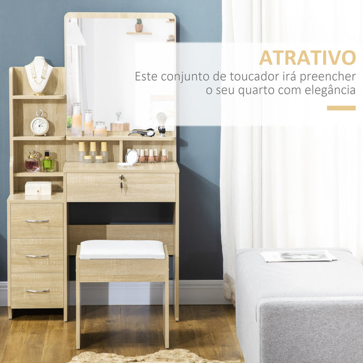 Toucador de Maquilhagem com Banco e Espelho Mesa de Maquilhagem com 4 Gavetas 4 Compartimentos de Armazenamento Estilo Moderno 80x38x143 cm Madeira