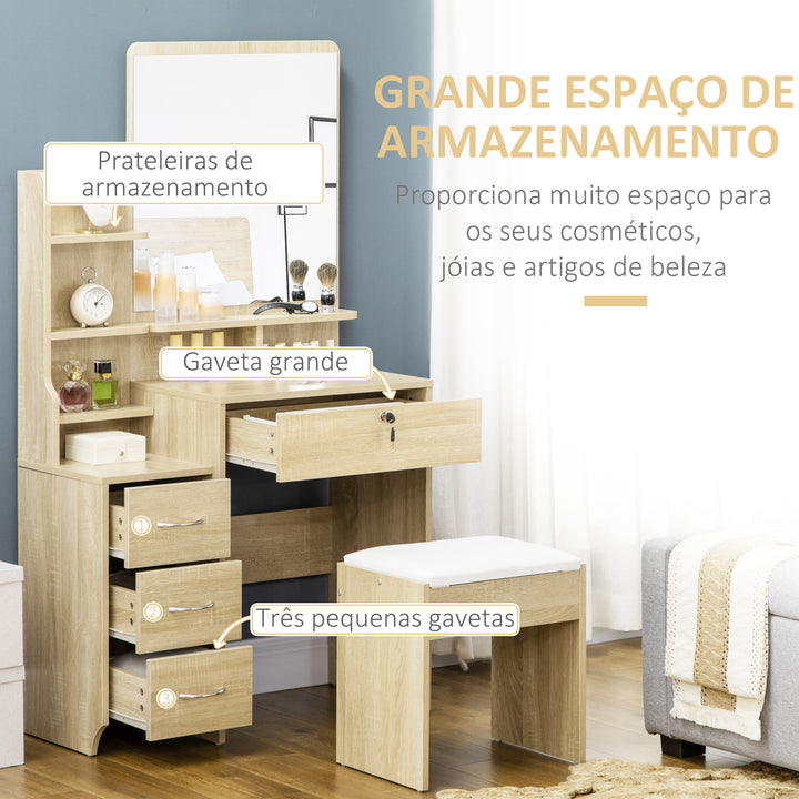 Toucador de Maquilhagem com Banco e Espelho Mesa de Maquilhagem com 4 Gavetas 4 Compartimentos de Armazenamento Estilo Moderno 80x38x143 cm Madeira