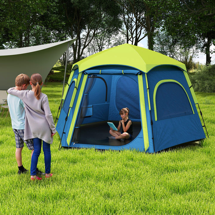 Tenda de Campismo para 2-4 Pessoas Tenda de Campismo Dobrável com Fácil Instalação Janelas de Rede Gancho e Bolsa de Transporte Proteção UV Impermeável 280x240x155 cm Azul e Verde