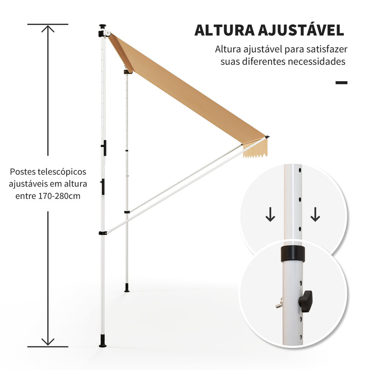 Toldo Portátil Pátio Varanda 3x1,5m Toldo Manual Dobrável de Alumínio Altura Regulável com Manivela para Terraço Jardim Amarelo e Branco