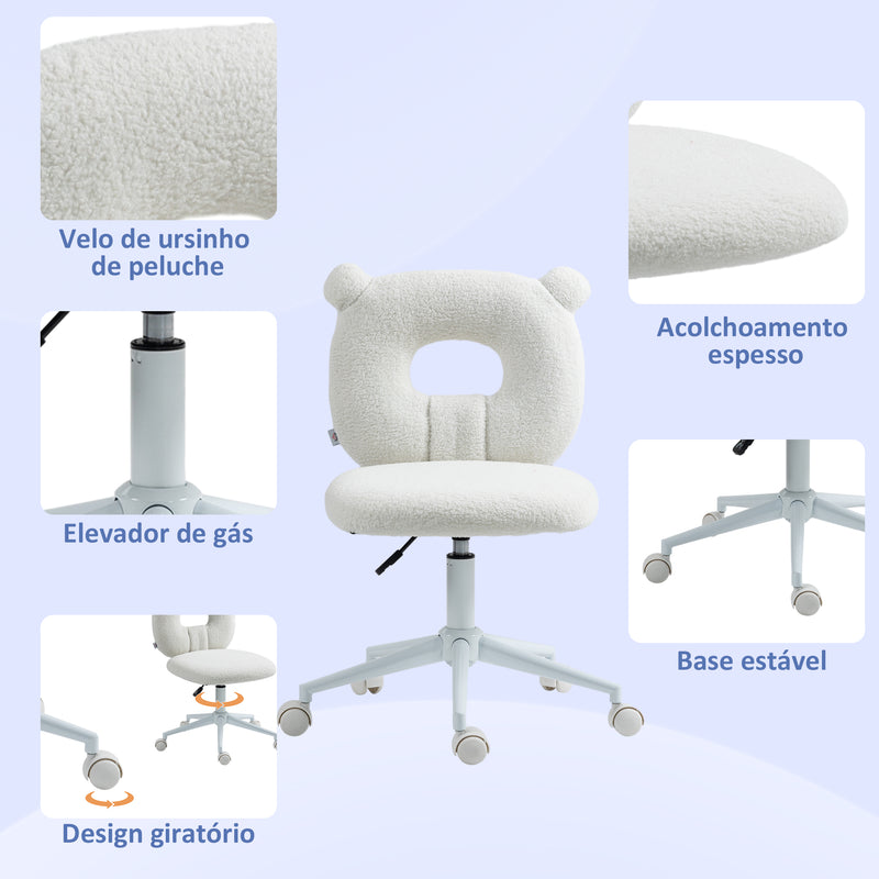 Cadeira de Secretária de Carneirinho Cadeira Infantil Giratória com Assento Ajustável em Altura e Encosto em Forma de Urso Capacidade 120 kg 50x56x80-90 cm Branco