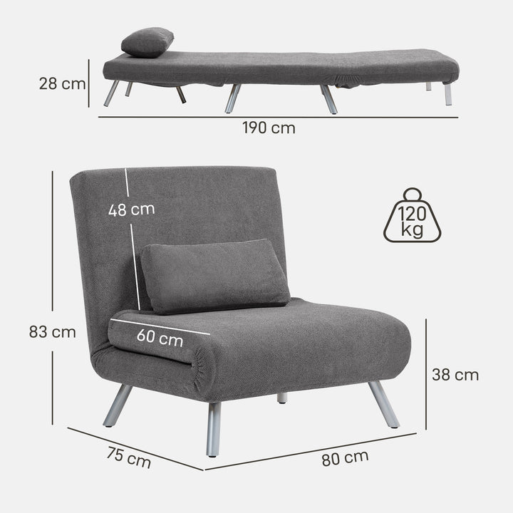 Sofá Cama de Uma Praça 3 em 1 Sofá Dobrável Revestido em Tecido Cinzento Mesclado com Encosto Ajustável em 5 Níveis e Almofada para Escritório Quarto Sala 80x75x83 cm