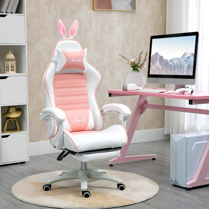 Cadeira Gaming Profissional Cadeira Gamer Giratória de Couro PU com Altura Ajustável Inclinável 135° Apoio para a Cabeça e Apoio para os Pés para Escritório 65x63x136-142 cm Rosa e Preto