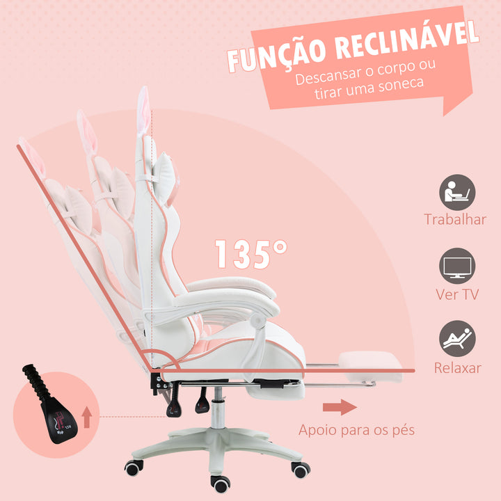 Cadeira Gaming Profissional Cadeira Gamer Giratória de Couro PU com Altura Ajustável Inclinável 135° Apoio para a Cabeça e Apoio para os Pés para Escritório 65x63x136-142 cm Rosa e Preto