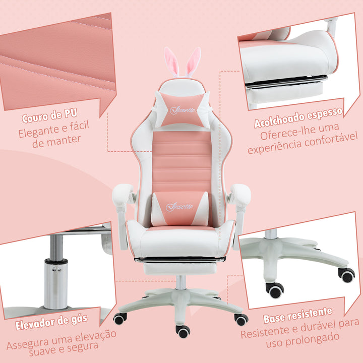 Cadeira Gaming Profissional Cadeira Gamer Giratória de Couro PU com Altura Ajustável Inclinável 135° Apoio para a Cabeça e Apoio para os Pés para Escritório 65x63x136-142 cm Rosa e Preto
