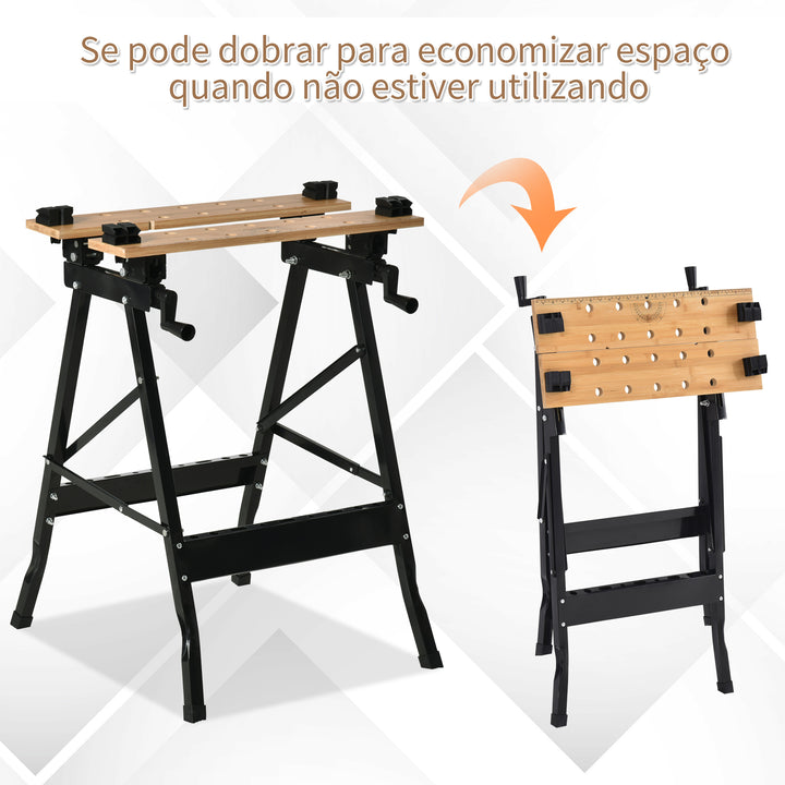 Bancada de Trabalho Dobrável Portátil com Placas Ajustáveis em Ângulo e Distância Bambú e Aço Carga Máx. 150kg 63,5x60x5x78cm Madeira Natural e Preto