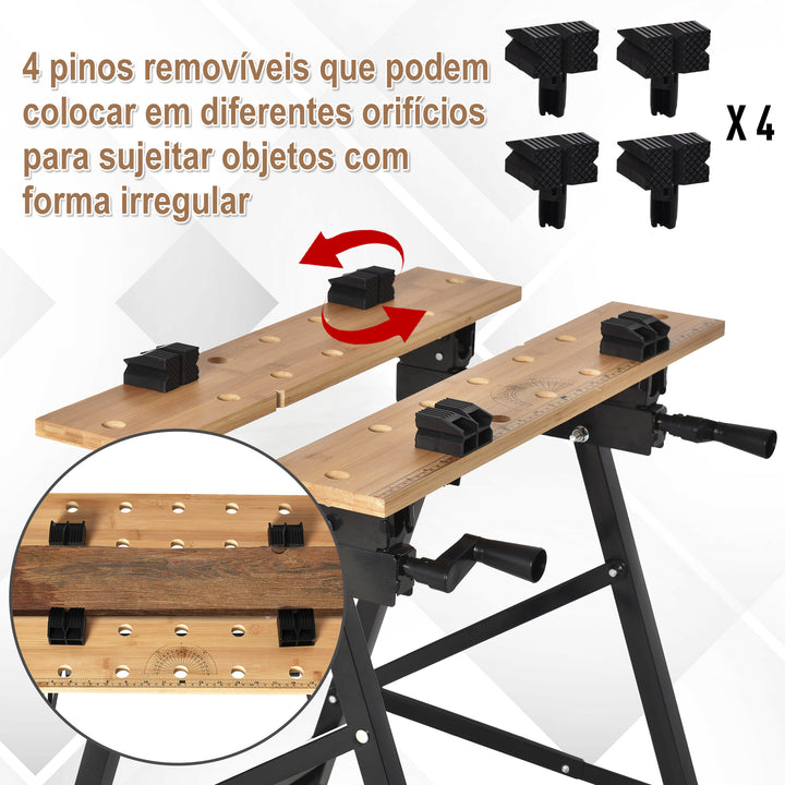 Bancada de Trabalho Dobrável Portátil com Placas Ajustáveis em Ângulo e Distância Bambú e Aço Carga Máx. 150kg 63,5x60x5x78cm Madeira Natural e Preto