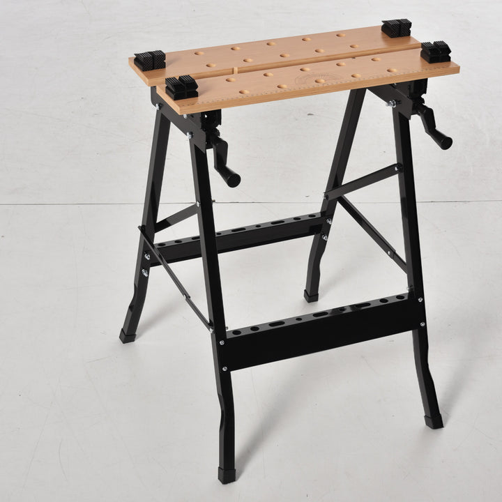 Bancada de Trabalho Dobrável Portátil com Placas Ajustáveis em Ângulo e Distância Bambú e Aço Carga Máx. 150kg 63,5x60x5x78cm Madeira Natural e Preto