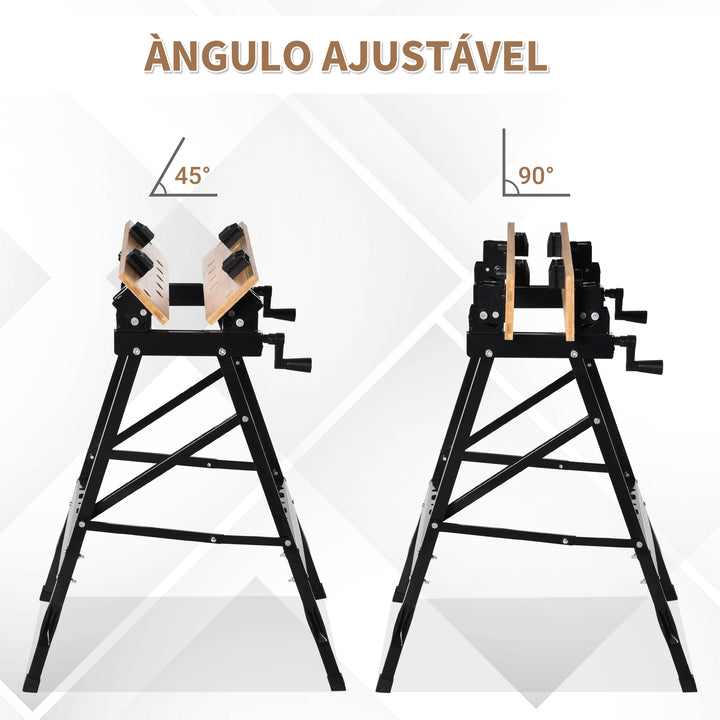 Bancada de Trabalho Dobrável Portátil com Placas Ajustáveis em Ângulo e Distância Bambú e Aço Carga Máx. 150kg 63,5x60x5x78cm Madeira Natural e Preto