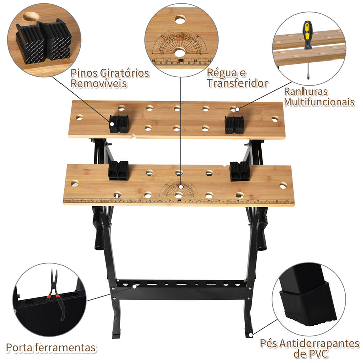 Bancada de Trabalho Dobrável Portátil com Placas Ajustáveis em Ângulo e Distância Bambú e Aço Carga Máx. 150kg 63,5x60x5x78cm Madeira Natural e Preto