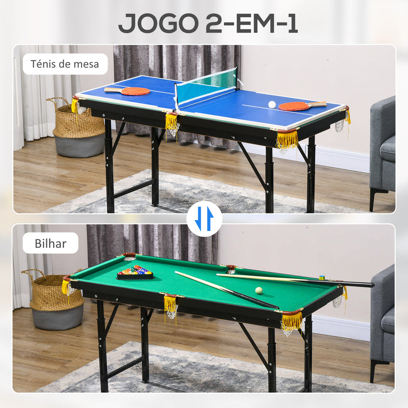 2 em 1 Mesa Multijogos para Crianças de 6+ Anos Mesa de Bilhar e Ping Pong Dobrável com Altura Ajustável e Acessórios 140x63x60-80 cm Multicolor