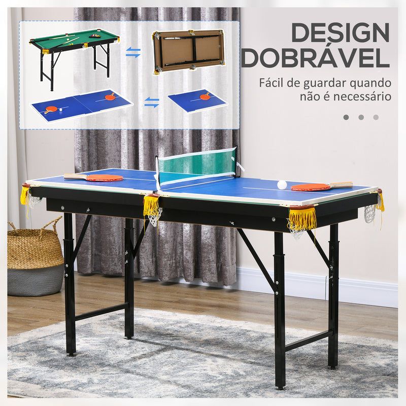 2 em 1 Mesa Multijogos para Crianças de 6+ Anos Mesa de Bilhar e Ping Pong Dobrável com Altura Ajustável e Acessórios 140x63x60-80 cm Multicolor